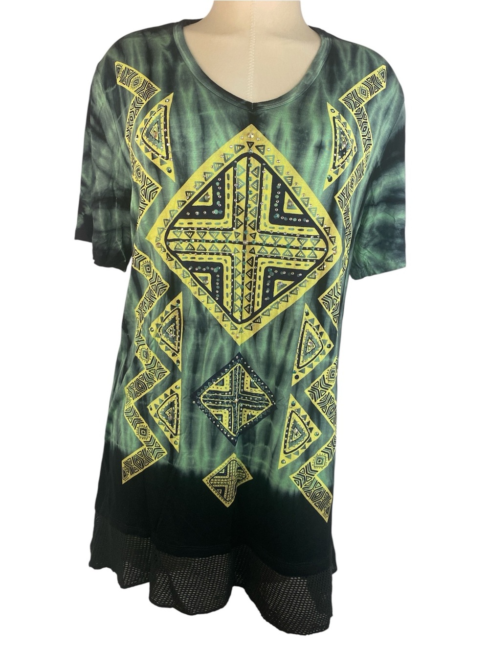 Vocal USA Green Tie-Dye Tunic with Yellow Geometric Medallions Women’s Size 1XL